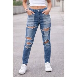 Y2K Wild Blue Patchwork Ripped Skinny Jeans – Size 3